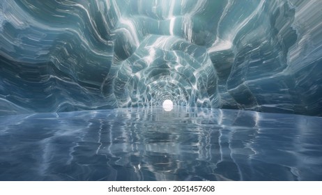 Blue ice tunnel crystal cave with water sea futuristic corridor 3d render