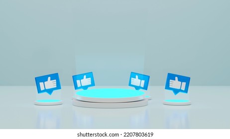 Blue Icon Like Thumbs Up Social Symbol Or Notification Button Symbol Graphic Design On Blue Background. With Empty Docking Station, 3D Rendering