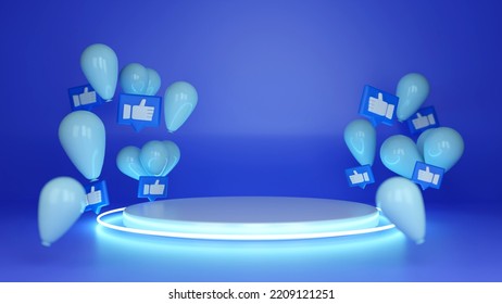 Blue Icon Like Thumbs Up Social Symbol Or Notification Button Symbol Graphic Design On Blue Background. With Empty Docking Station, 3D Rendering