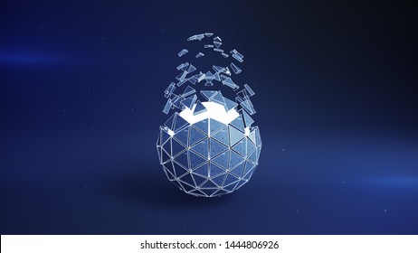 Blue icosahedron ball shape and flying polygons. Abstract futuristic technology or science fiction concept. 3D rendering