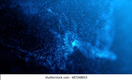 Blue illuminated particles. Depth of field settings. 3D rendering