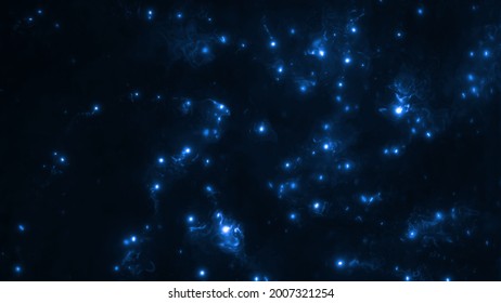 Blue Illuminated Plasma Nanotechnology Particle Energy Banner Background. Abstract 3D Animation Concept Of Light Photons. Quantum Gravity Entanglement In Futuristic Artificial Intelligence Computing.