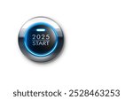 Blue illuminated start button year 2025 with white background with copy space - 3D illustration