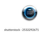 Blue illuminated start button year 2025 with white background with copy space - 3D illustration