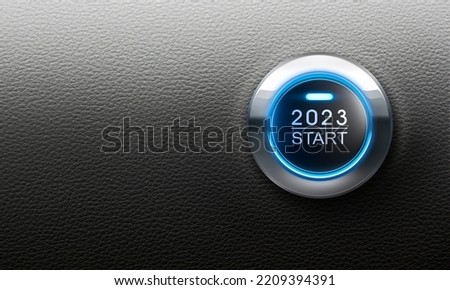Blue illuminated start button year 2023 - 3D illustration Foto stock © 