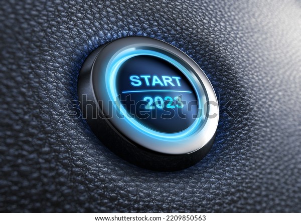 Blue\
illuminated start button year 2023 - 3D\
illustration