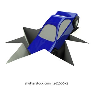 A Blue Illustrated Car Plunges Into A Deep Hole