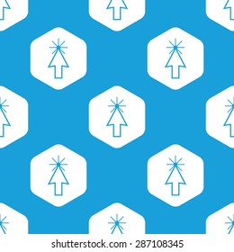 Blue image of arrow cursor in white hexagon, repeated on blue