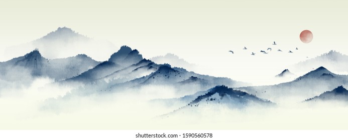 Blue Ink Landscape Painting With Ink Dots，Oriental Ink Painting，Blue Mountain Ink Illustration，