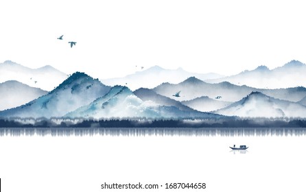 Blue ink landscape painting with ink dots，Oriental ink painting，Blue Mountain ink illustration