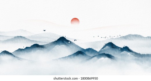 Blue Ink Landscape Painting With Ink Dots，Oriental Ink Painting，Blue Mountain Ink Illustration