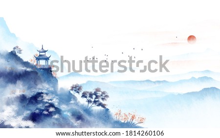 Blue ink landscape painting, oriental color ink painting.