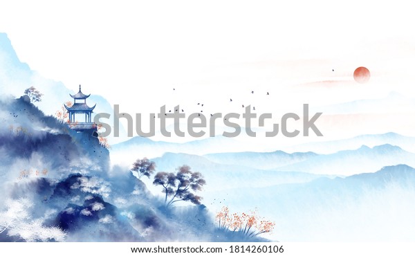 Blue\
ink landscape painting, oriental color ink\
painting.