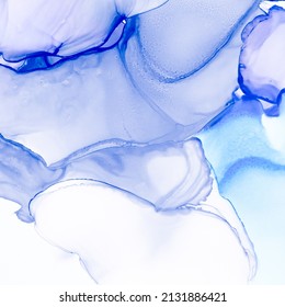 Blue Ink. Marine Chemical Artwork. White Sophisticated Background. Silk Grunge Mandala. Blue Ink. Ethereal Sea. Liquid Watercolor Alcohol Fluid. Indigo Ocean Background.