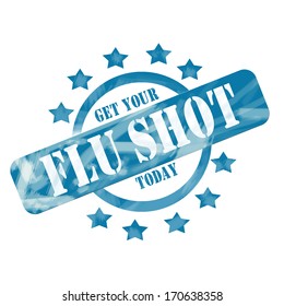 A Blue Ink Weathered Roughed Up Circle And Stars Stamp Design With The Words Get Your FLU SHOT Today 