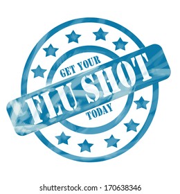 A Blue Ink Weathered Roughed Up Circles And Stars Stamp Design With The Words Get Your FLU SHOT Today 