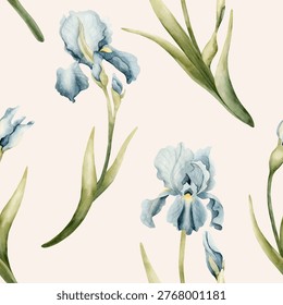 Blue Iris Seamless Pattern Spring Bulb Flowers. Watercolor hand drawn floral illustration isolated on light pink background Easter design textile fresh fabric print card cosmetic package crockery