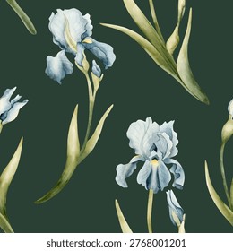 Blue Iris Seamless Pattern Spring Bulb Flowers. Watercolor hand drawn floral illustration isolated on green background Easter design textile fresh fabric print card cosmetic package porcelain crockery
