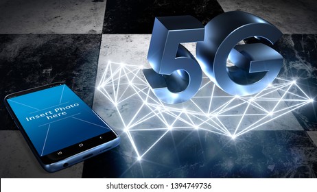 Blue Isolated Mobile Smartphone With 5G High Speed Internet Network Communication, Laying On A Checkered Marble Floor Above Sparkling Rays Of Light 3d Rendering. New Worldwide Wireless Wifi Connection