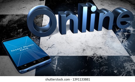 Blue Isolated Mobile Smartphone Laying On A Checkered Marble Floor In Front Of The Online Word 3d Rendering. Concept For Mockup, High Speed Internet Network Communication, Wireless Wifi Connection.