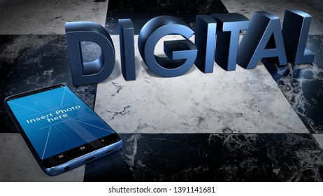 Blue Isolated Mobile Smartphone Laying On A Checkered Marble Floor In Front Of The Digital Word 3d Rendering. Concept For Mockup, High Speed Internet Network Communication, Wireless Wifi Connection.