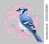 Blue jay bird with flowers. Illustration hand drawn floral decor. blue bird with flowers.