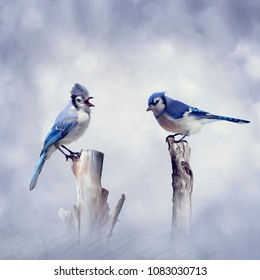 Blue Jay Birds Perching.Digital Painting.