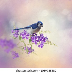 Blue Jay Perching On Blue Flowers Watercolor Painting