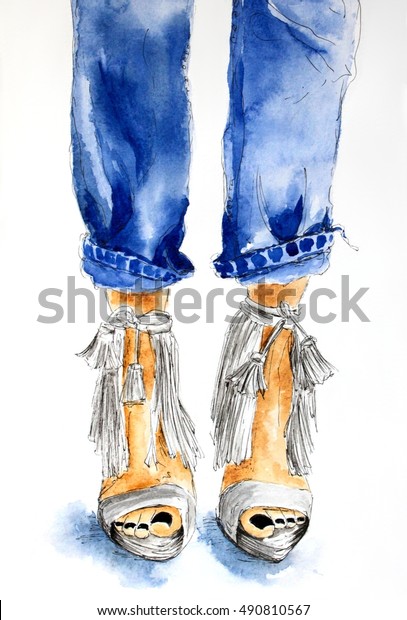 白い背景に青いジーンズとハイヒールの白い靴 黒いネイルペディキュア ファッションスケッチ 水彩イラスト 手描き のイラスト素材 490810567