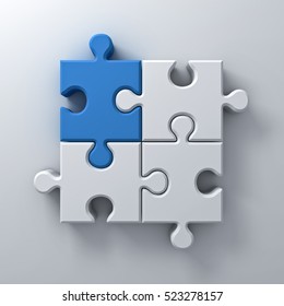 Blue jigsaw puzzle piece stand out from the crowd different concept on white wall background with shadow. 3D rendering.