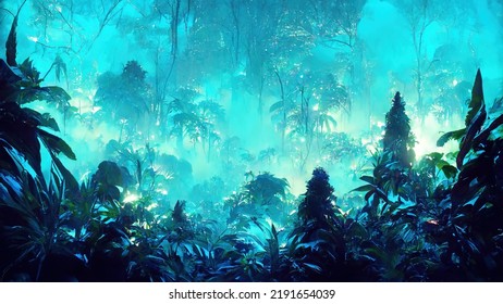 Blue Jungle Neon Night. Abstract Illustration Art.