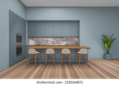 Blue Kitchen Interior With Countertop, Row Of Bar Chairs On Hardwood Floor. Luxury Cooking Space With Plant, Oven And Sink. 3D Rendering