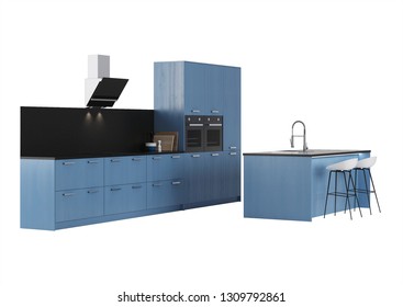 Blue Kitchen With Island Isolated On White Background. 3D Rendering.