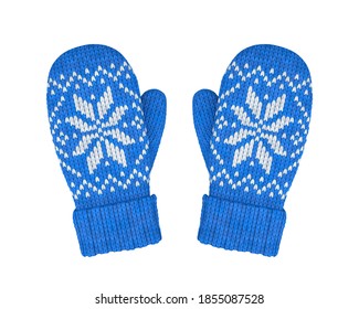 Blue knitted wool mittens with a pattern on a white background, 3D render