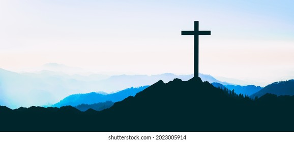 Blue landscape background banner panorama illustration -
Breathtaking view with black silhouette of mountains, hills, forest and cross summit cross, in the evening during the sunset