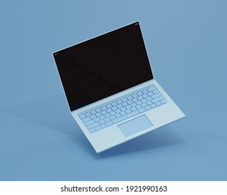 Blue Laptop On A Blue Background. 3d Illustration. Render. Laptop At An Angle. Template For Design.