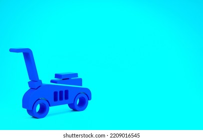 Blue Lawn Mower Icon Isolated On Blue Background. Lawn Mower Cutting Grass. Minimalism Concept. 3d Illustration 3D Render.