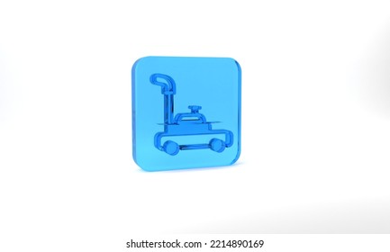 Blue Lawn Mower Icon Isolated On Grey Background. Lawn Mower Cutting Grass. Glass Square Button. 3d Illustration 3D Render.