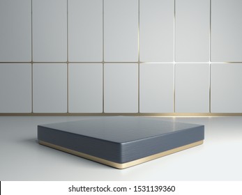 Blue Leather And Gold Pedestal In White Room, Product Stand, Showcase, Luxury Concept, 3D Rendering.