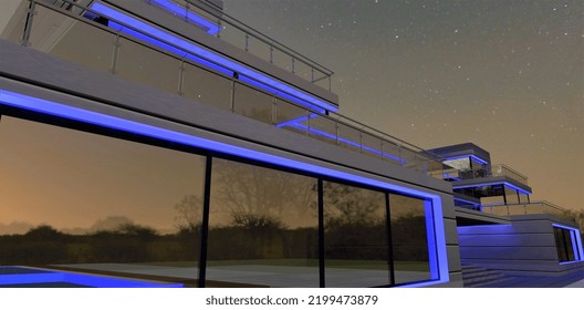 The Blue LED Strip As A Decoration Of The Contemporary Country Building At Evening Time. Walls Finishing Is Aluminium Panels. Looks Rich And Pretty Under The Starry Sky. 3d Render.