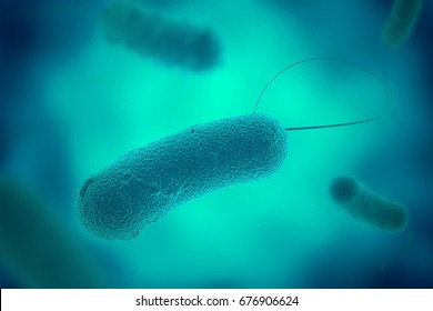 Blue Legionella Bacterium With Flagella Microscopic View In Fluid 3D Illustration