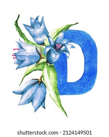 Blue letter D with a bouquet of bluebells. watercolor illustration