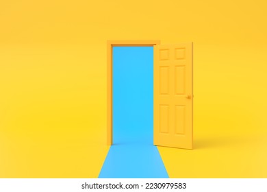 Blue light going through the opening door in yellow background room. Architectural design element. Minimal creative concept. 3D rendering 3D illustration
