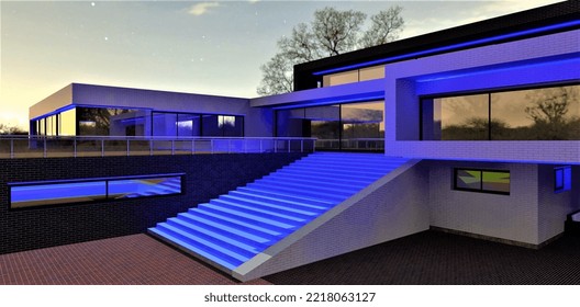 Blue Light For Illumination Of The Elite Country Dwelling Facade And Concrete Stairs At Night Time. Big Mirror Windows Reflect The Starry Evening Sky. 3d Rendering.