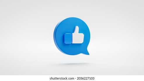Blue like icon thumbs up social sign or notification button symbol graphic design element isolated on white favorite share background with speech bubble followers concept. 3D rendering.