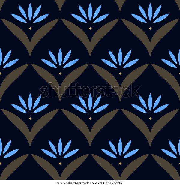 青い蓮の模様の波の背景 シームレスな装飾をデザインするための印刷ブロック 内装の繊維 布地 電話ケース用の東洋の花の幾何学模様 簡単 な印刷 同じを見てください のイラスト素材