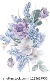 Blue Lilac Flowers, Lilac Tulips, Elegant Leaf Watercolor Natural Performance Techniques, The Performance Of Natural Flowers, Light, Soft Flower Clusters