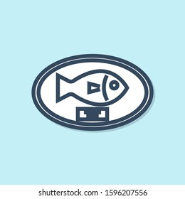 Blue Line Fish Trophy Hanging On The Board Icon Isolated On Blue Background. Fishing Trophy On Wall.  