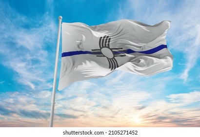 Blue Line Flag Of New Mexico State, Usa At Cloudy Sky Background On Sunset, Panoramic View. United States Of America Police Flag. Copy Space For Wide Banner. 3d Illustration