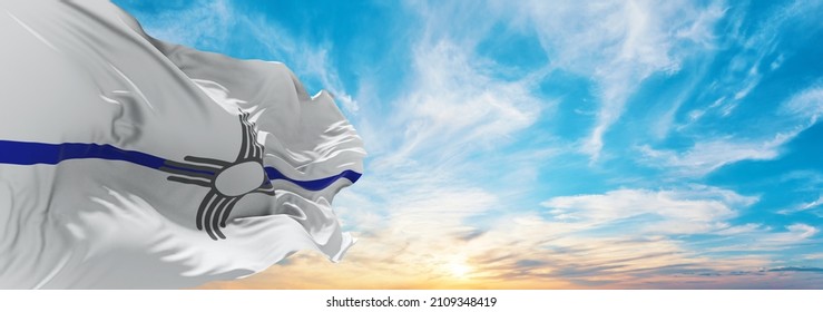 Blue Line Flag Of New Mexico State, Usa At Cloudy Sky Background On Sunset, Panoramic View. United States Of America Police Flag. Copy Space For Wide Banner. 3d Illustration